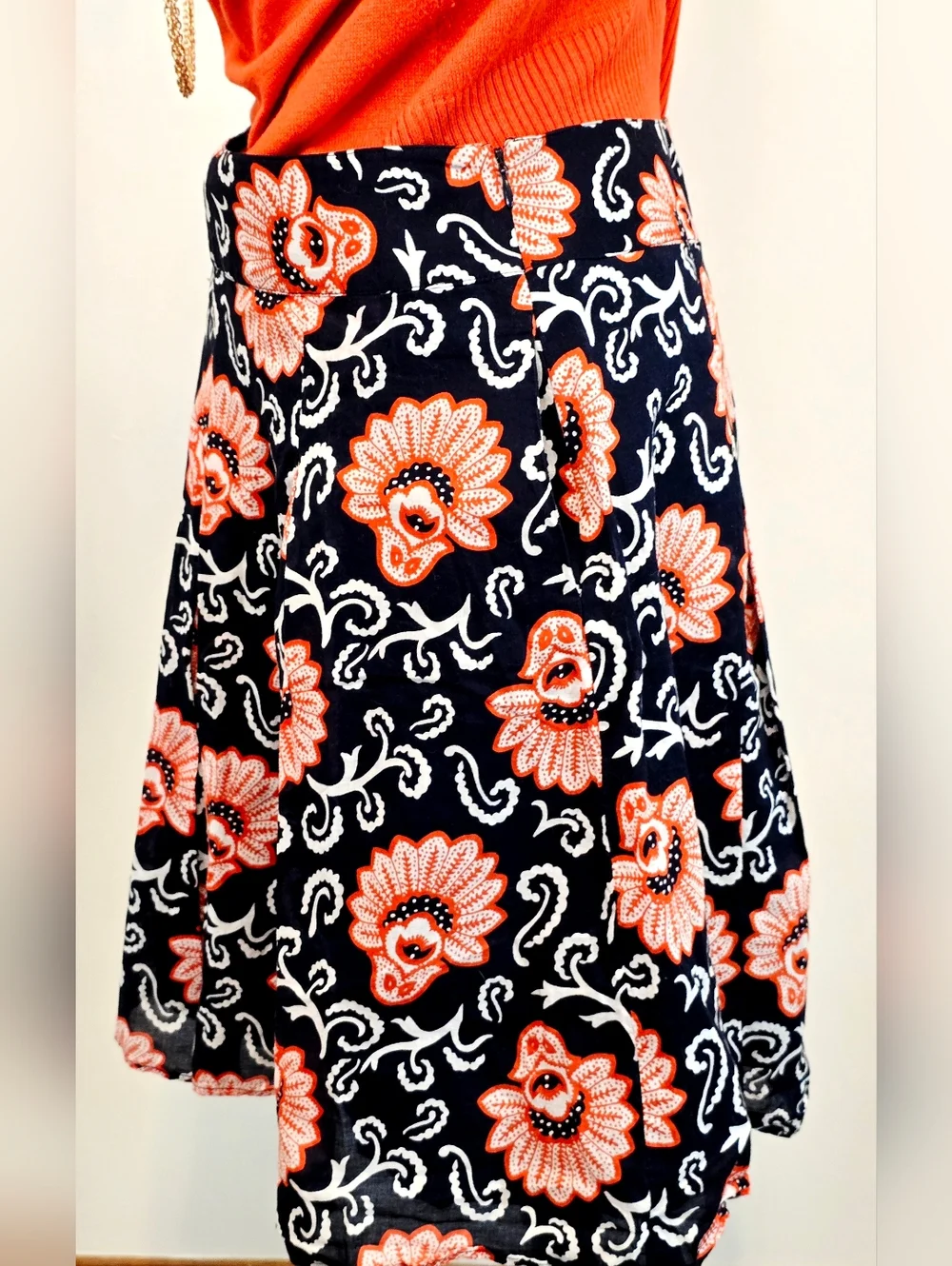 Talbots Floral A-Line Skirt Navy Orange White Cotton Preppy Feminine Midi Flowy